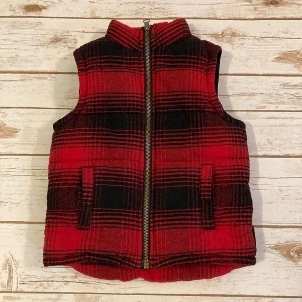 Gymboree Boys Red/Black Buffalo Plaid Flannel Puffer Vest 3T